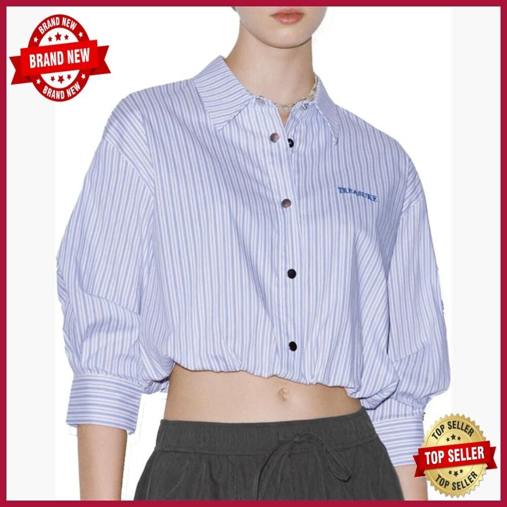 Striped Crop Button Down Shirt, Medium Long Sleeves, Soft Breathable Fabric
